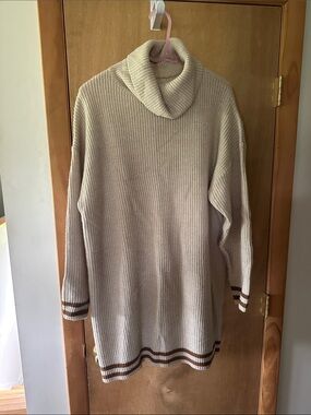 Cozy Cream Turtleneck Midi Dress with Striped Hem